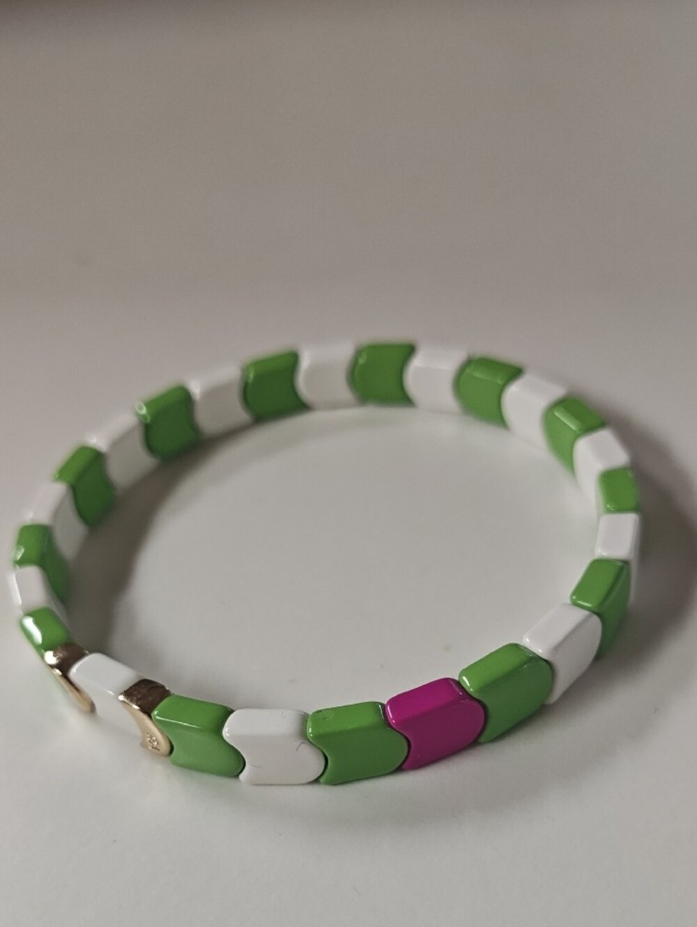 Rare Roxanne Assoulin Green White Pink Tile-Link Stretch Bracelet